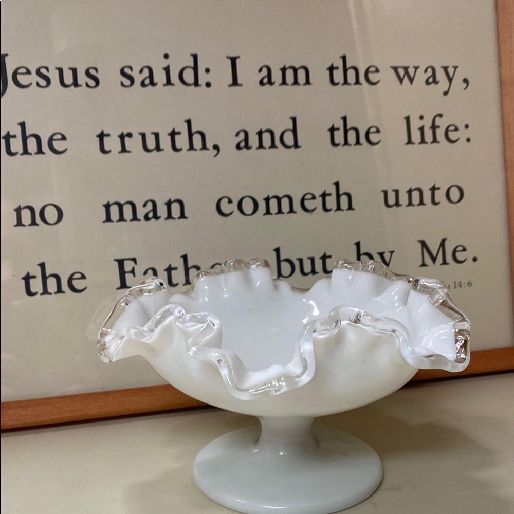 Vintage White Glass Ruffled Edge Bowl Fenton Glass Pedestal Bowl